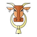 Vector image of the head of a cow with rings in the ears and a bell in the neck. Isolated cow on a white background Royalty Free Stock Photo